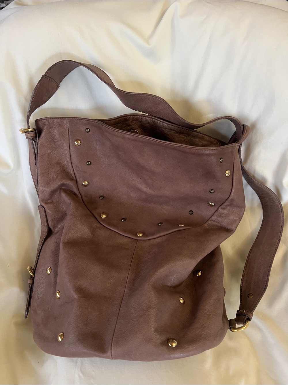 Women's Stud-Accent Leather Hobo Bag - Brown